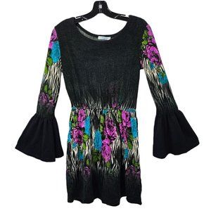 OB2-12 Tunic Mini Dress Womens S Flounce Sleeve Floral Black Gray Zebra Stripe